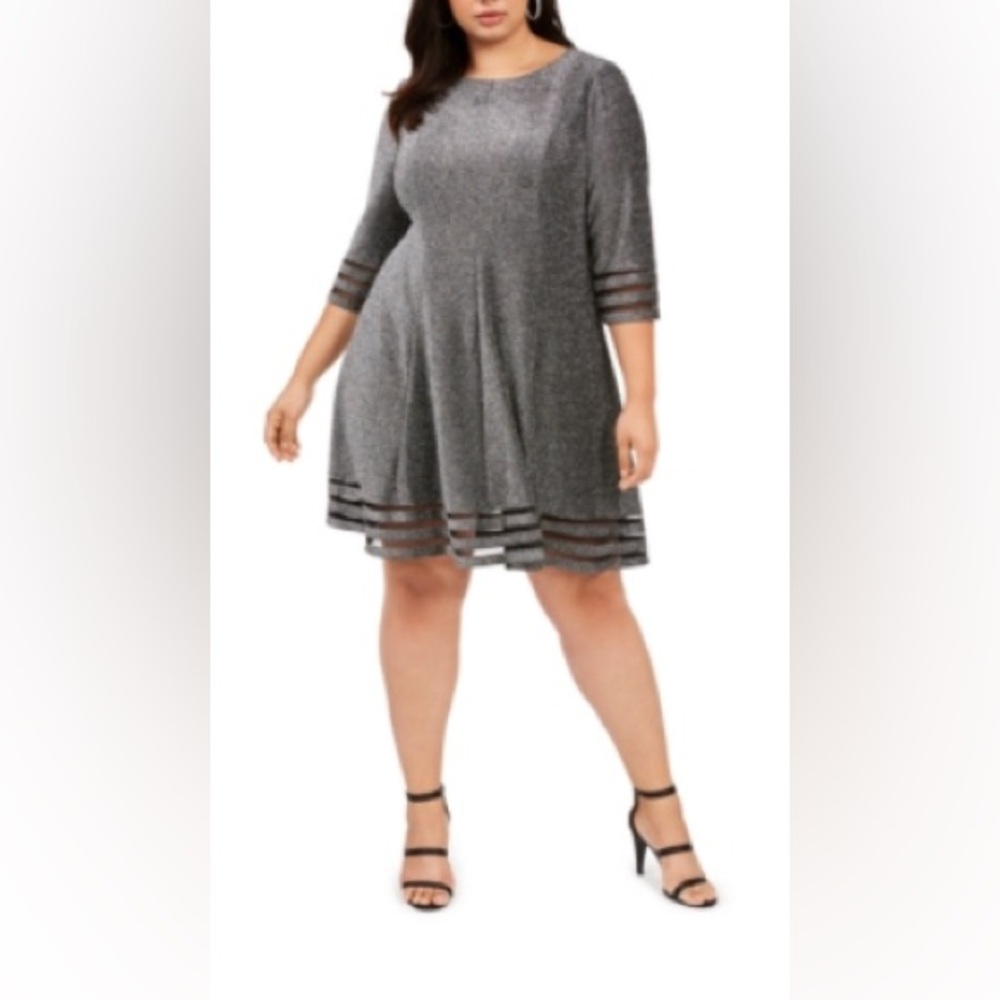 Jessica Howard Size 18W Silver Metallic Black Illusion Sheath Trim Dress